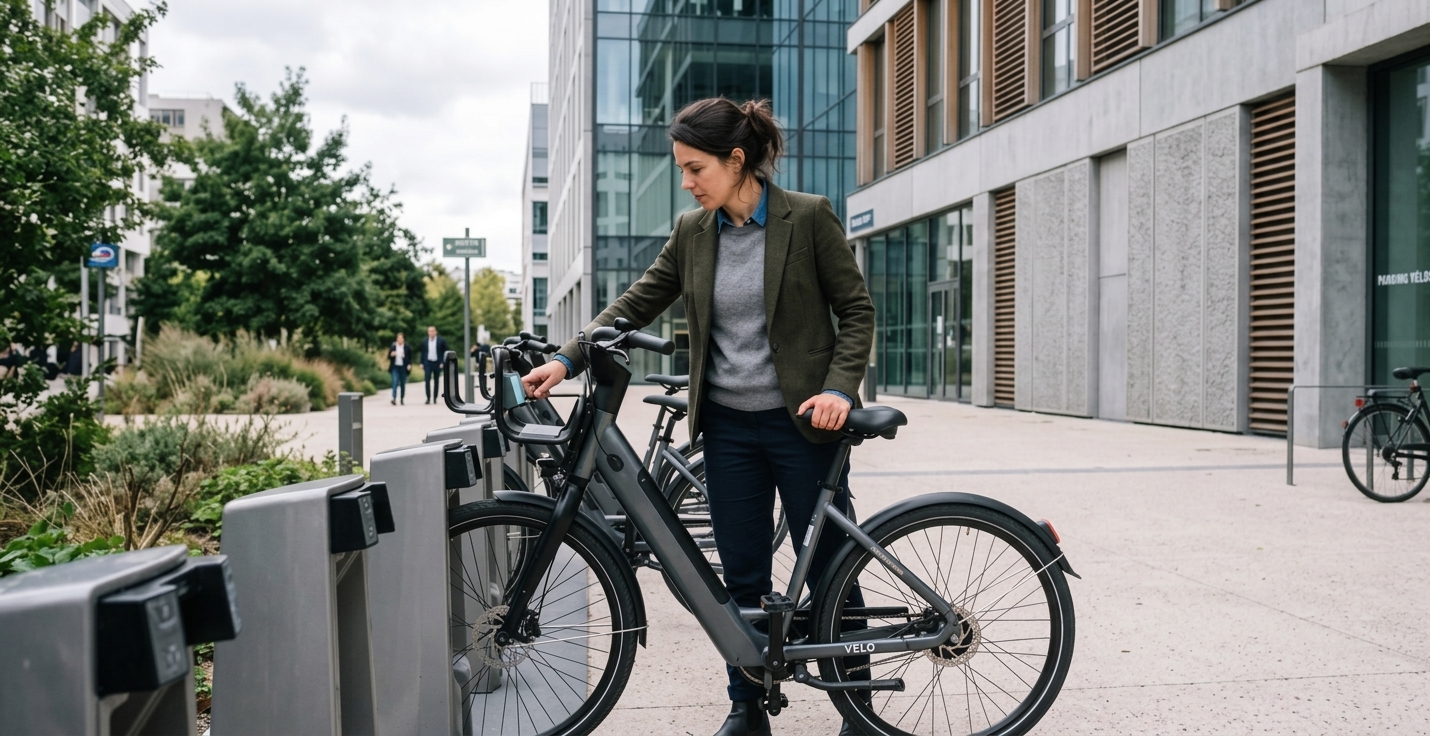 Employé accédant à un vélo électrique partagé mis à disposition par l'entreprise devant un bâtiment de bureaux moderne