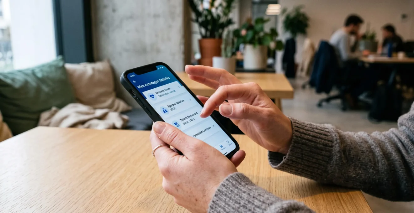 Gros plan sur les mains d'un employé consultant une application de plateforme d'avantages salariés personnalisables sur smartphone