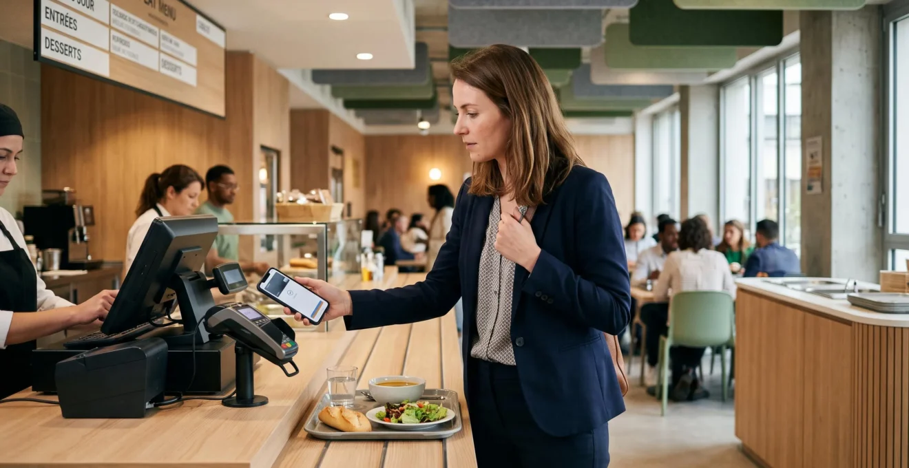 Jeune professionnel utilisant une carte d'avantages salariés pour payer son déjeuner dans une cafétéria d'entreprise moderne