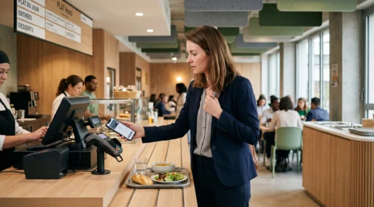 Jeune professionnel utilisant une carte d'avantages salariés pour payer son déjeuner dans une cafétéria d'entreprise moderne