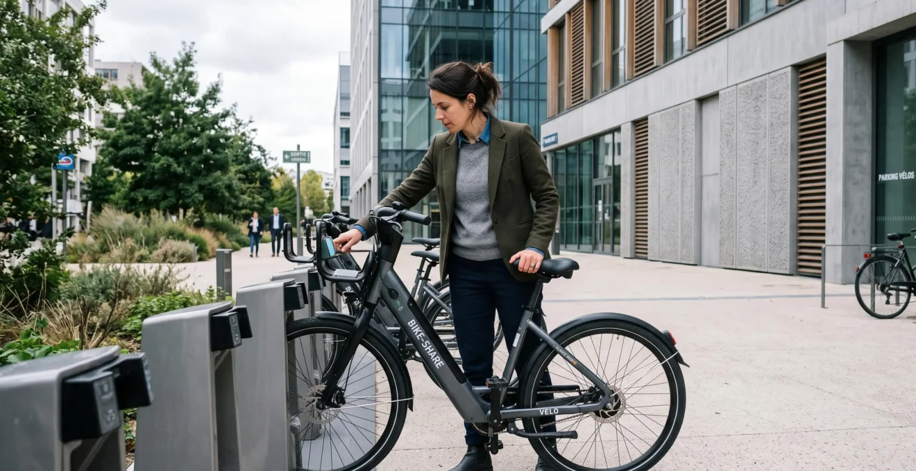 Employé accédant à un vélo électrique partagé mis à disposition par l'entreprise devant un bâtiment de bureaux moderne