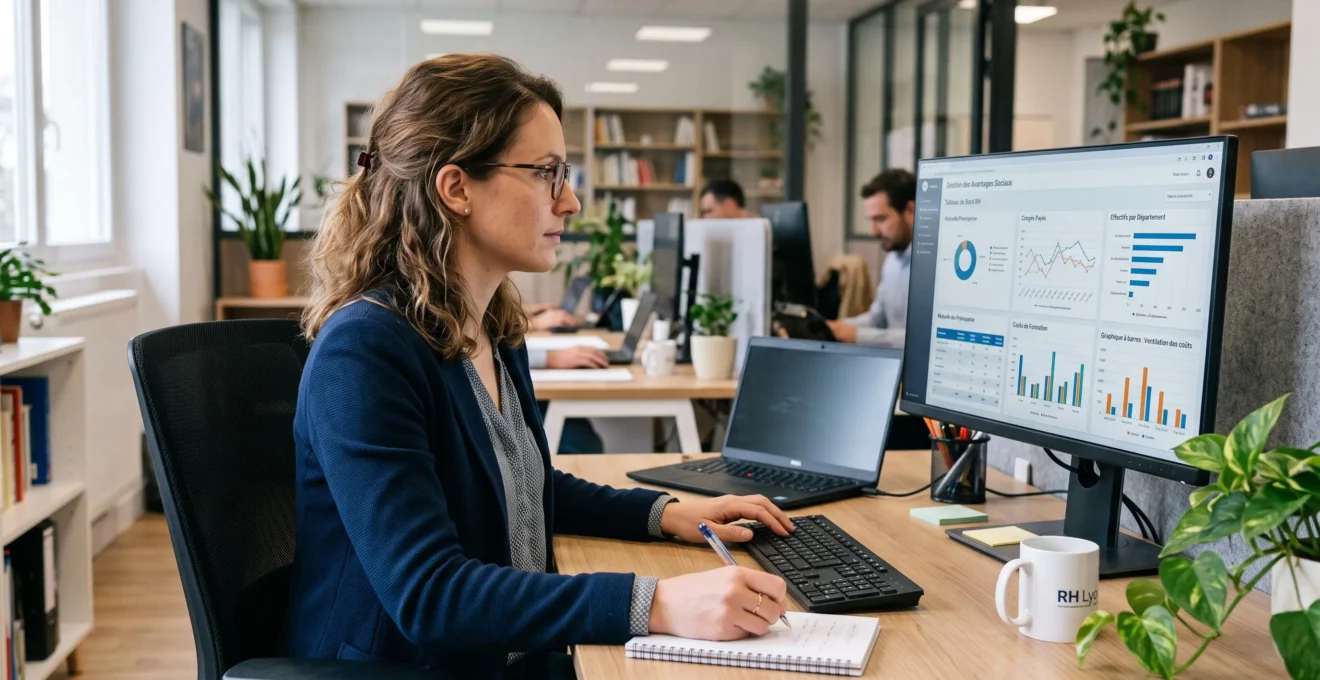 Responsable RH consultant un tableau de bord de gestion centralisée des avantages salariés sur un écran d'ordinateur dans un bureau moderne